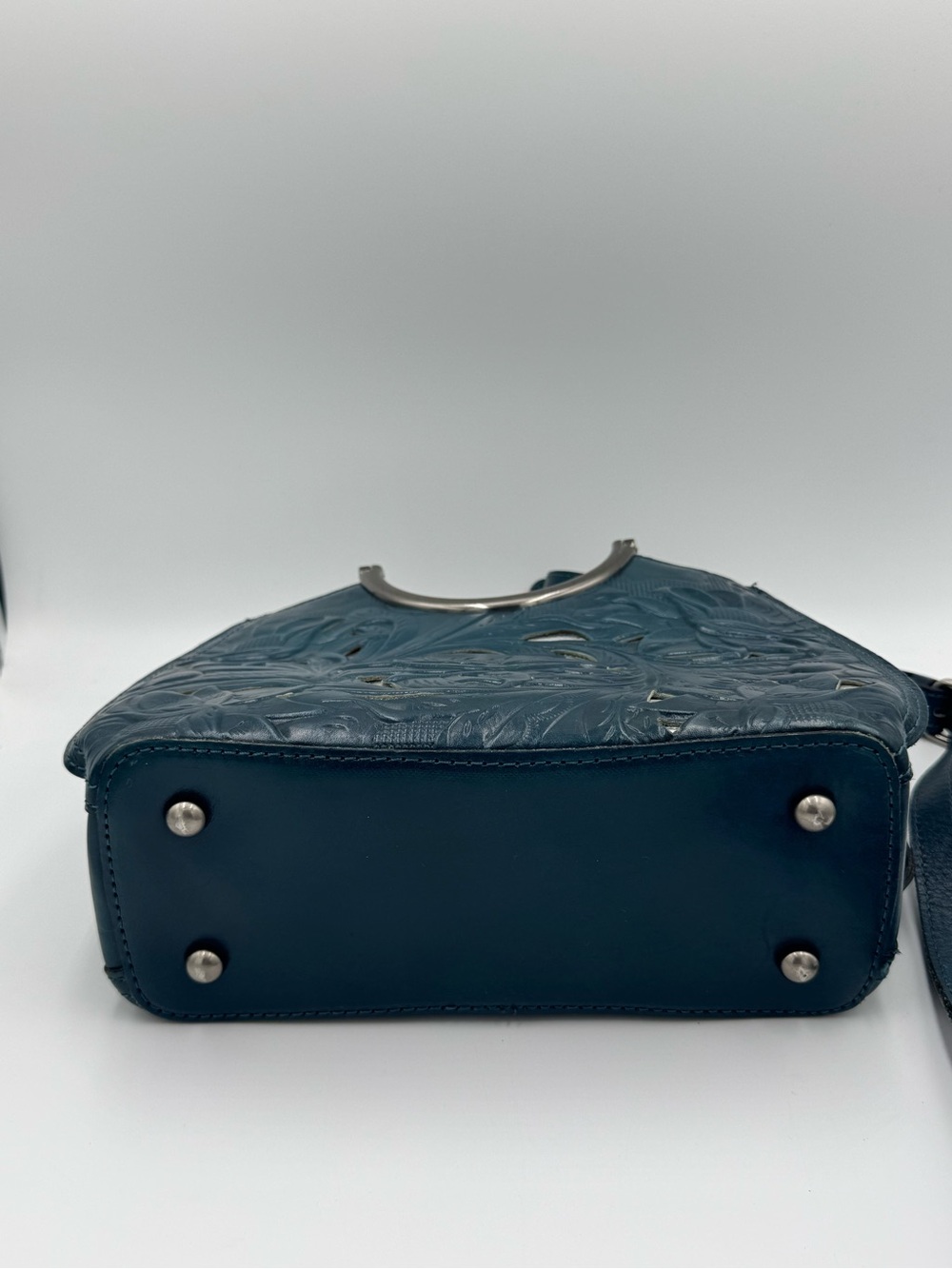 Patricia Nash Teal Floral Cutout Leather Top-Handle Satchel w/ Adjustable Strap - Picture 8 of 15